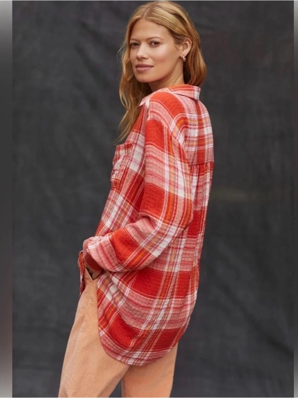 Pilcro Red and Orange relaxed Plaid Button down Shirt high-low Large